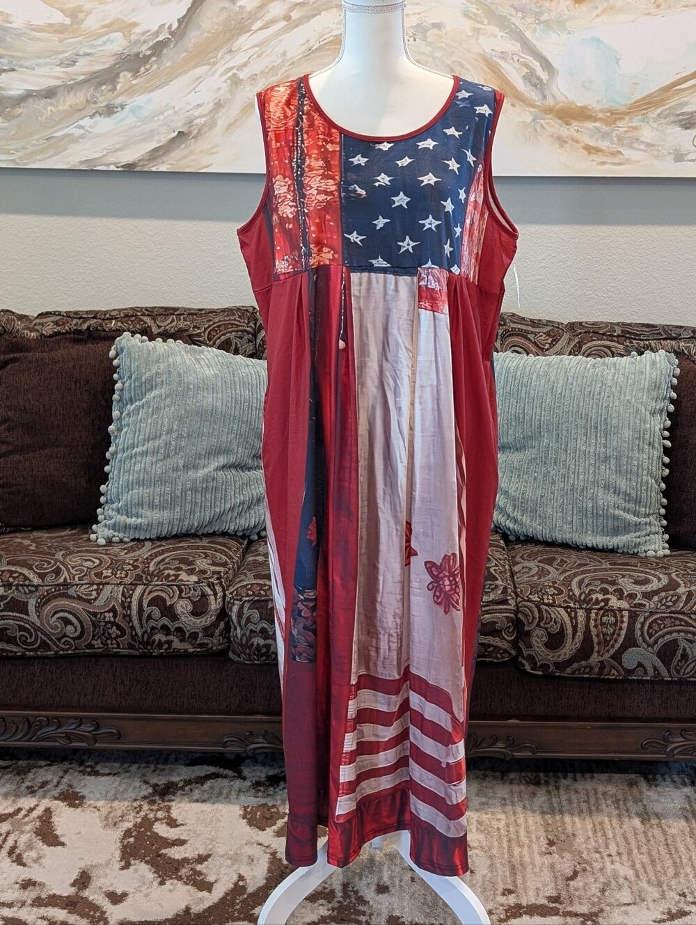 Sleeveless Americana Patchwork Maxi Dress in Red, White & Blue